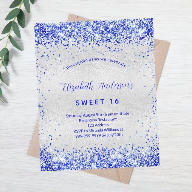 Budget Sweet 16 silver royal blue invitation (Creator Uploaded)