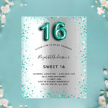 Budget Sweet 16 silver teal glitter invitation<br><div class="desc">A modern,  stylish and glamorous invitation for a girl's Sweet 16,  16th birthday party.  A faux silver looking background,  decorated with teal colored glitter dust.    Personalize and add your name nad party details.  Number 16 is written with a balloon style font,  script.</div>