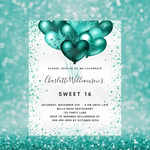 Budget Sweet 16 silver teal glitter invitation