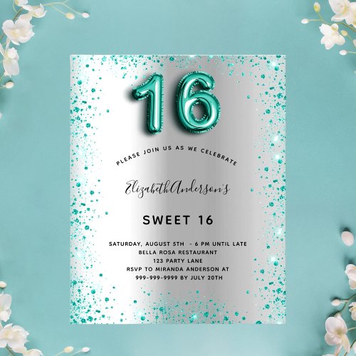 Budget Sweet 16 silver teal glitter invitation