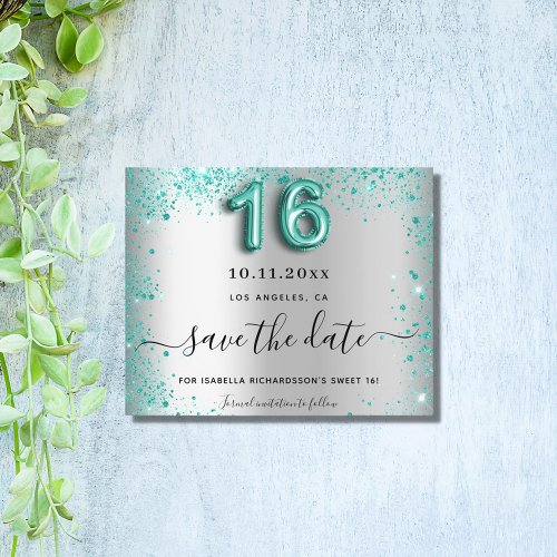 Budget Sweet 16 silver teal glitter save the date