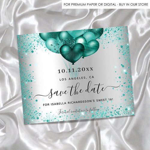 Budget Sweet 16 silver teal glitter save the date