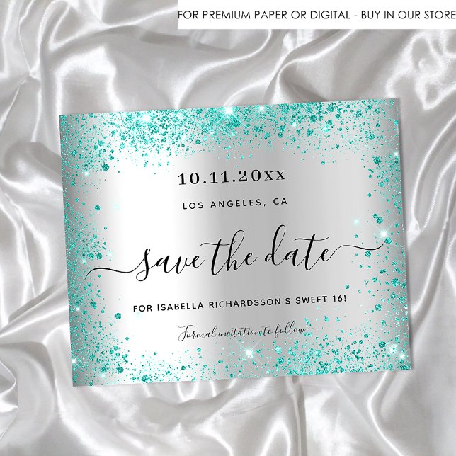 Budget Sweet 16 silver teal save the date (Creator Uploaded)