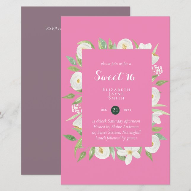BUDGET Sweet 16, Sixteenth Birthday Floral Invite (Front/Back)