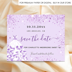 Budget Sweet 16 violet dress save the date