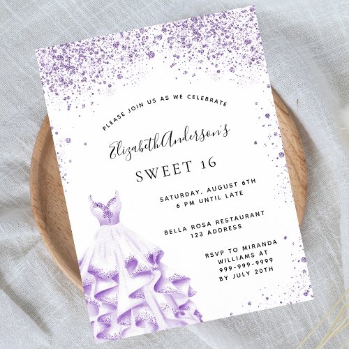 Budget Sweet 16 violet white dress invitation