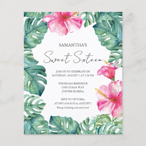 Budget Sweet 16 Watercolor Pink Floral Tropical Flyer