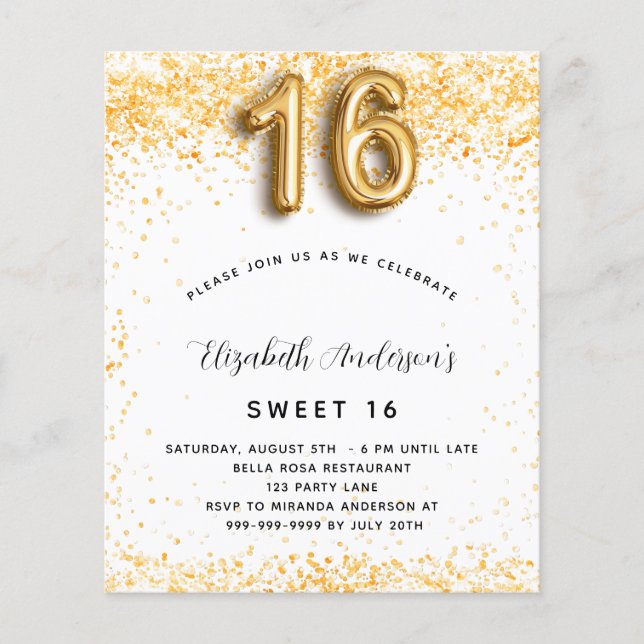 Budget Sweet 16 white gold glitter invitation (Front)