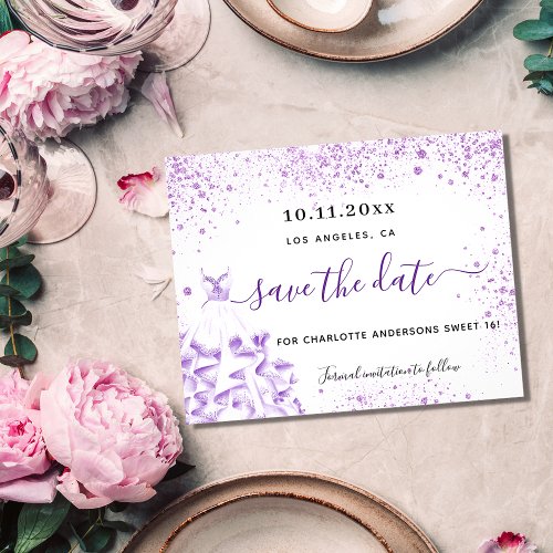 Budget Sweet 16 white violet dress save the date