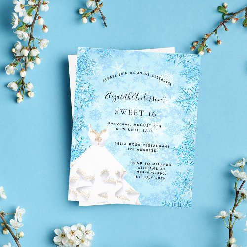 Budget Sweet 16 winter wonderland dress invitation