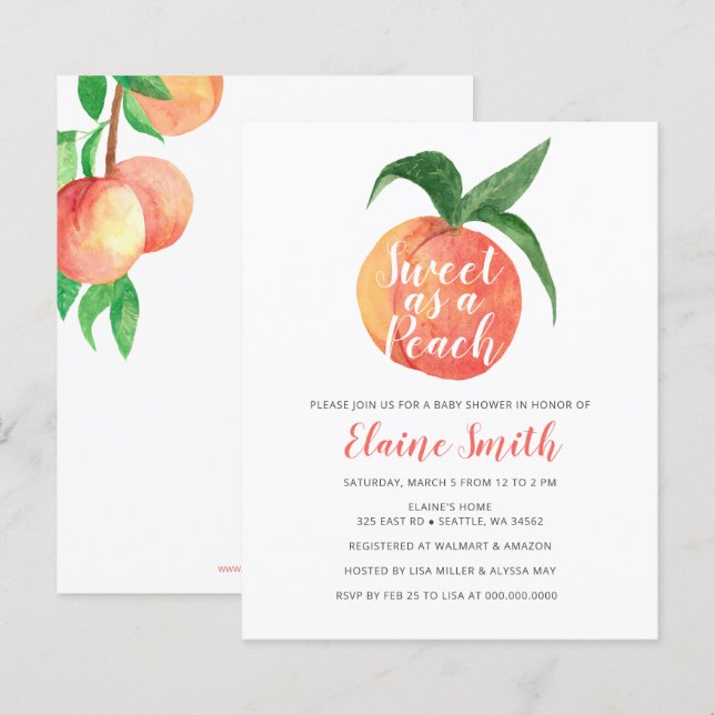 Budget Sweet as a Peach Baby Shower Invitation (Front/Back)