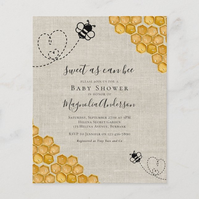Budget Sweet as Can Bee Baby Shower Invitation (Front)
