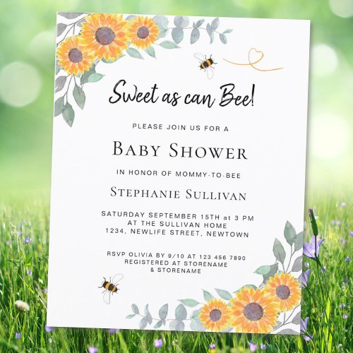 Budget Sweet As Can Bee Baby Shower Invitation