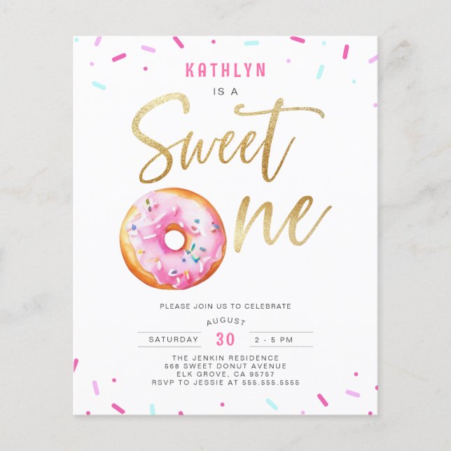 Budget Sweet One Pink Gold Donut Birthday Invite (Front)