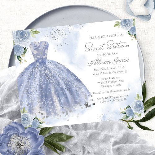 Budget Sweet Sixteen Invitation Silver Blue Gown