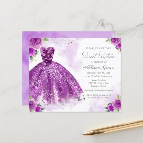 Budget Sweet Sixteen Invitation Silver Purple Gown