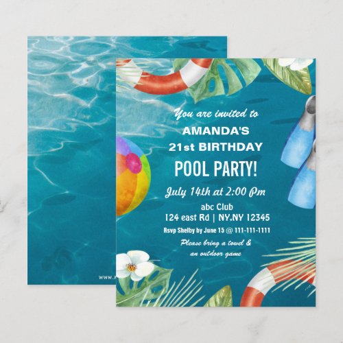 Budget Swimming Pool Party Birthday Invitation