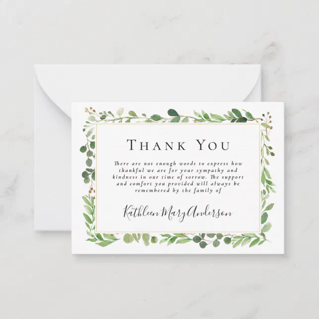 BUDGET Sympathy Eucalyptus Funeral Thank You Note | Zazzle