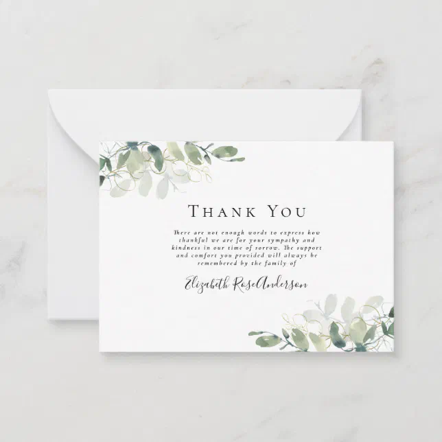 BUDGET Sympathy Eucalyptus Funeral Thank You Note | Zazzle