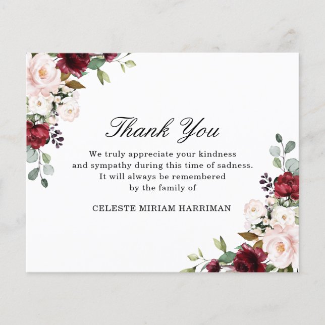 BUDGET Sympathy Red Pink Floral Thank You Note (Front)