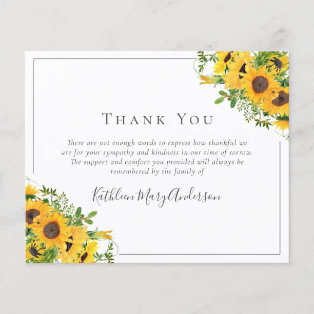 BUDGET Sympathy Sunflower Funeral Thank You Note  (Front)
