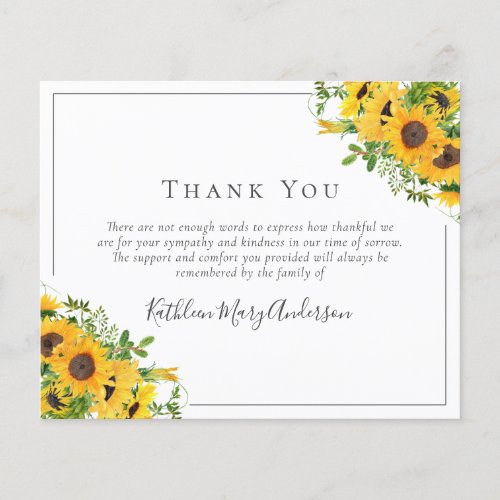 BUDGET Sympathy Sunflower Funeral Thank You Note 
