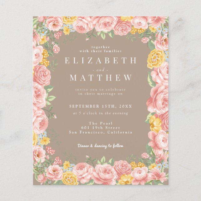 Budget Taupe Boho Floral Wildflower Photo QR Code Flyer (Front)