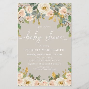 Budget Taupe Peach Floral Baby Shower Invitation