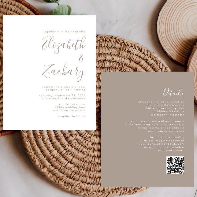 Budget Taupe Script QR Code Wedding Invite (Creator Uploaded)