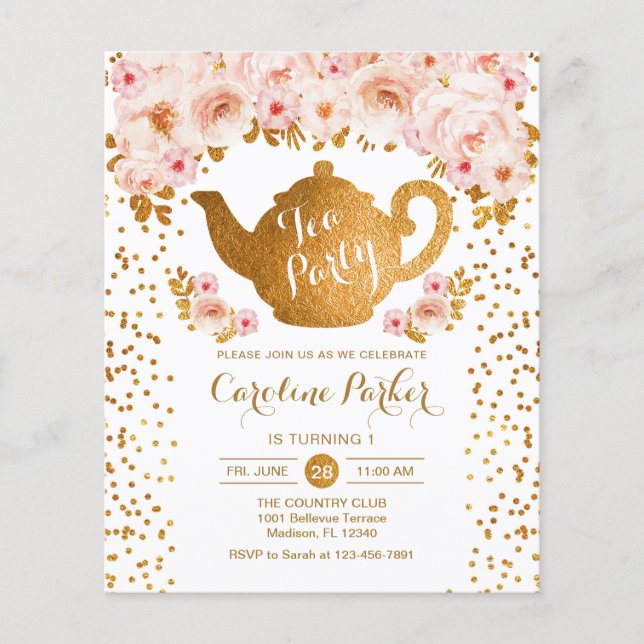 Budget Tea Party Birthday - Gold White Pink Invite Flyer (Front)