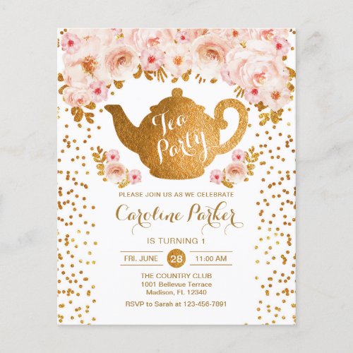 Budget Tea Party Birthday _ Gold White Pink Invite Flyer