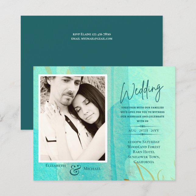 BUDGET Teal Abstract Photo Wedding Invite (Front/Back)