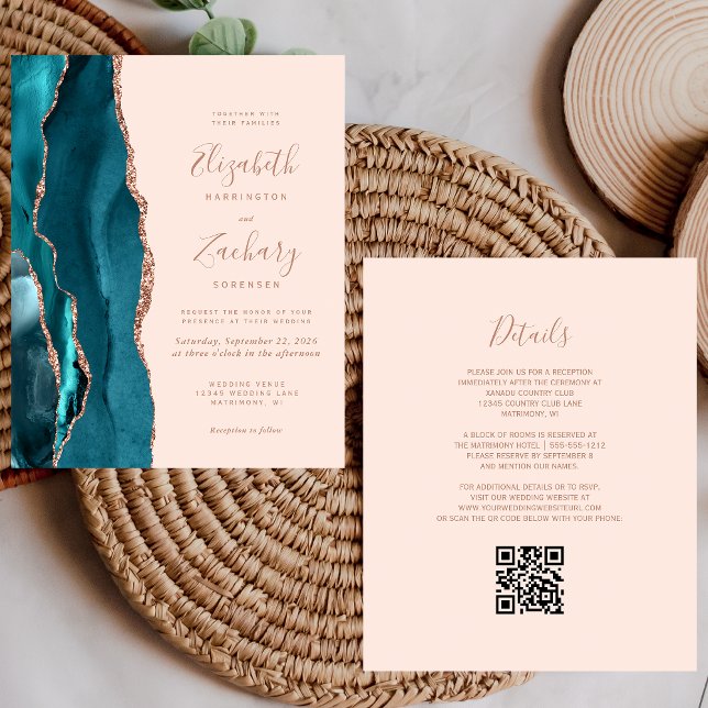 Budget Teal Agate Rose Gold Blush QR Code Wedding (Creator Uploaded)