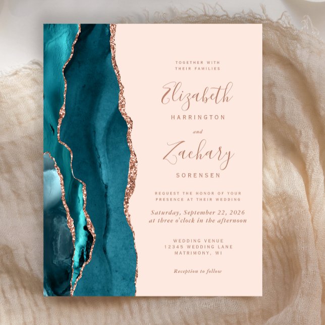 Budget Teal Agate Rose Gold Blush Wedding Invite (Creator Uploaded)