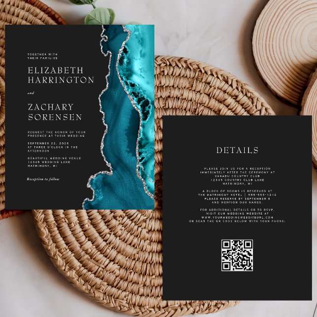 Budget Teal Agate Silver QR Code Wedding Invite (Creator Uploaded)