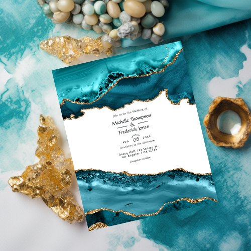 Budget Teal and Gold Agate Wedding Invitation Flyer