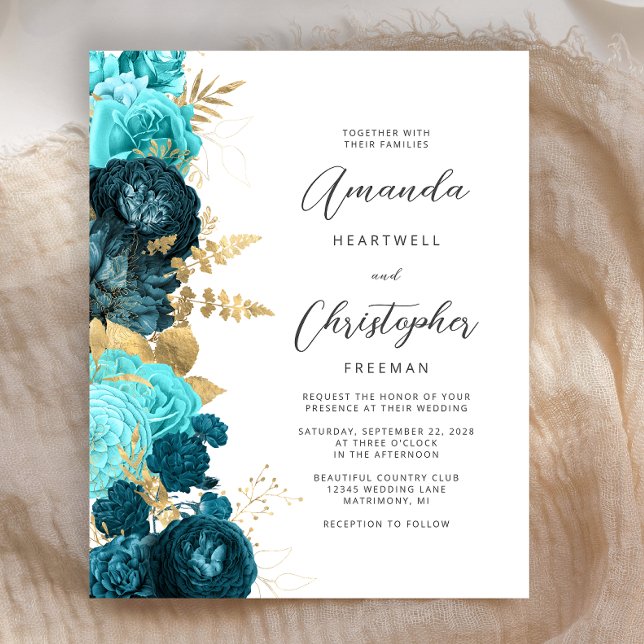 Budget Teal Aqua Floral Gold Script Wedding Invite (Creator Uploaded)