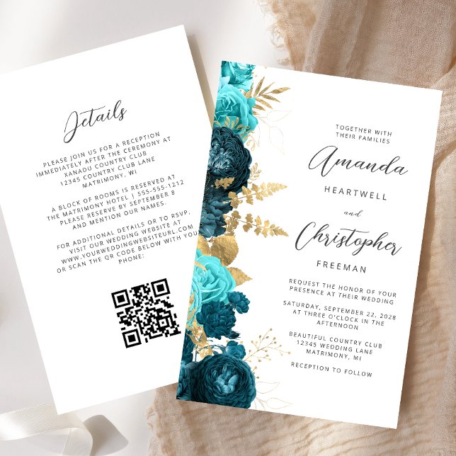 Budget Teal Aqua Gold Floral QR Code Wedding (Creator Uploaded)