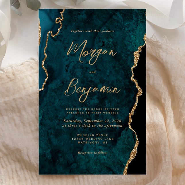 Budget Teal Blue Agate Script Wedding Invite (Creator Uploaded)