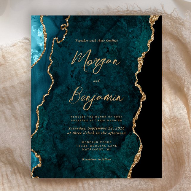 Budget Teal Blue Agate Script Wedding Invite (Creator Uploaded)