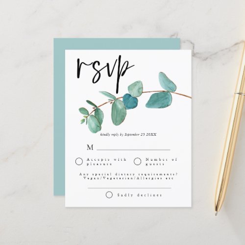 Budget Teal Blue Eucalyptus leaves Wedding RSVP