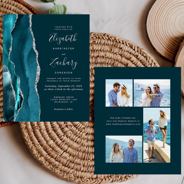 Budget Teal Blue Gold Agate 4-Photo Wedding Invite (Creator Uploaded)