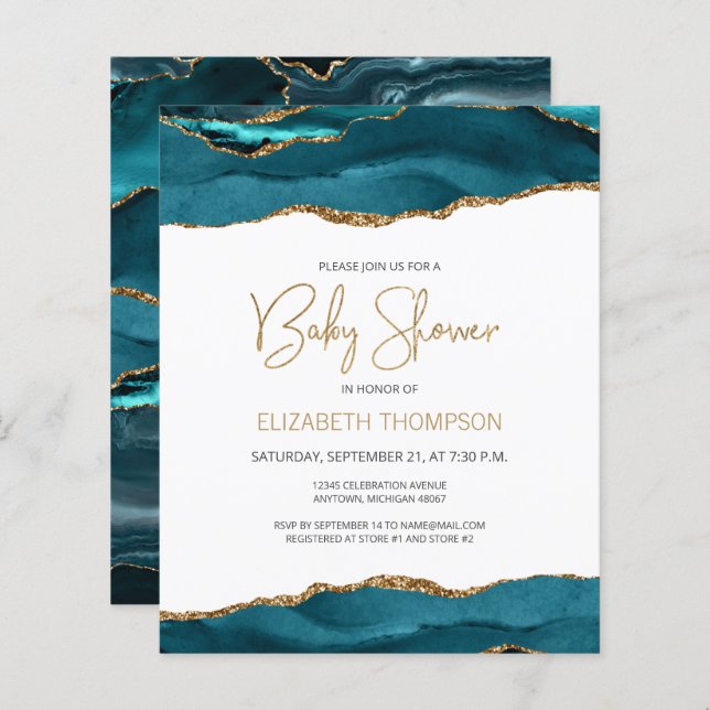 Budget Teal Blue Gold Agate Baby Shower Invitation (Front/Back)