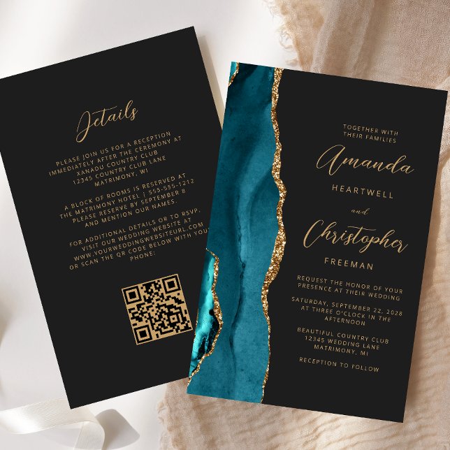Budget Teal Blue Gold Agate Dark QR Code Wedding (Creator Uploaded)