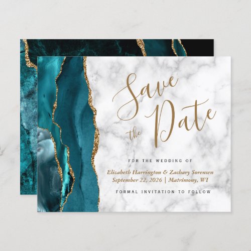 Budget Teal Blue Gold Agate Marble Save the Date