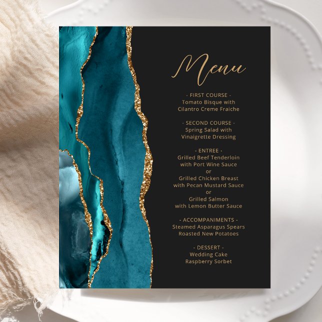 Budget Teal Blue Gold Agate Script Wedding Menu (Creator Uploaded)