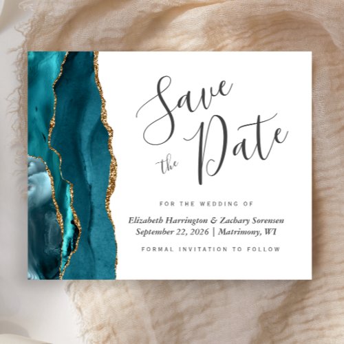 Budget Teal Blue Gold Agate Wedding Save the Date