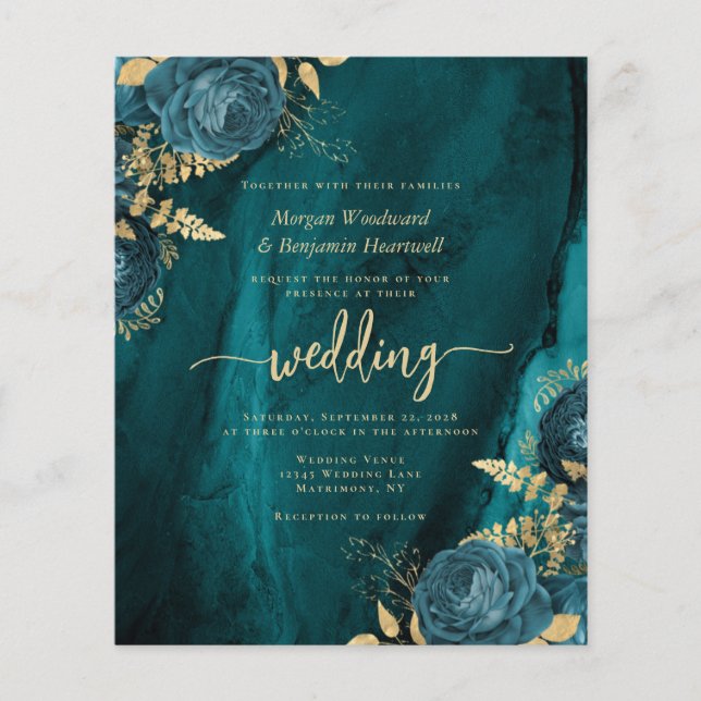 Budget Teal Blue Gold Floral Wedding Invite (Front)