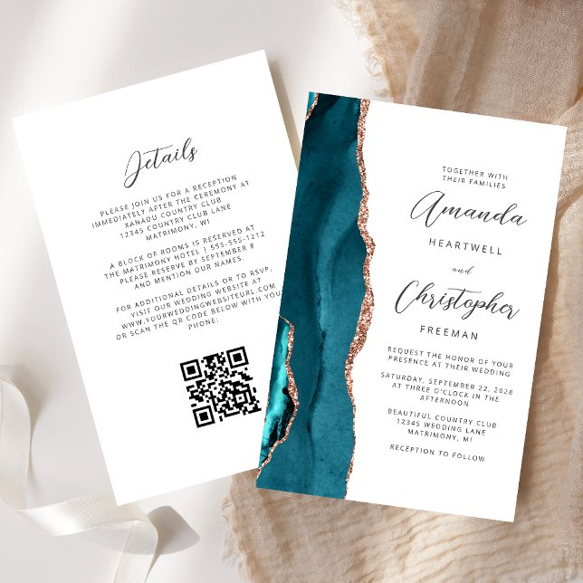 Budget Teal Blue Rose Gold Agate QR Code Wedding (Creator Uploaded)