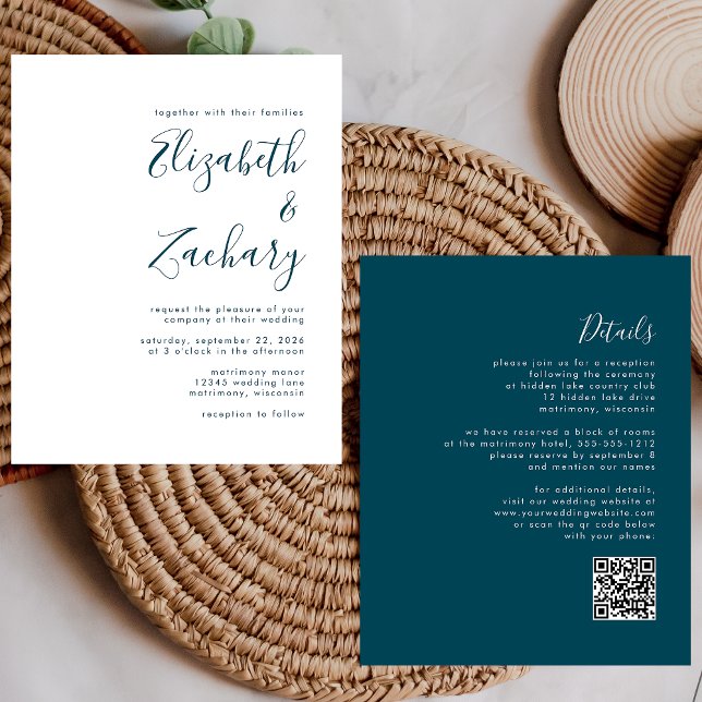 Budget Teal Blue Script QR Code Wedding Invite (Creator Uploaded)